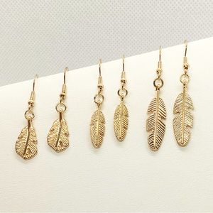 Earrings Feathers Gold Tone Boho Hippie Aztec Native American Minimalist 3 Pack